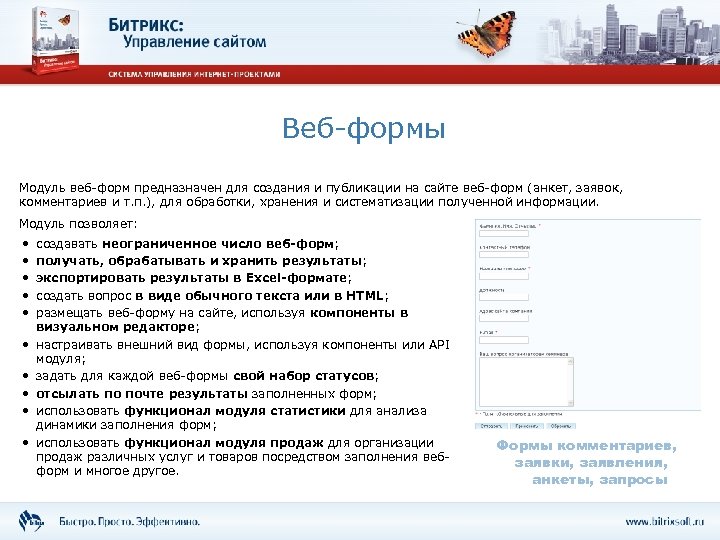 Веб-формы Модуль веб-форм предназначен для создания и публикации на сайте веб-форм (анкет, заявок, комментариев