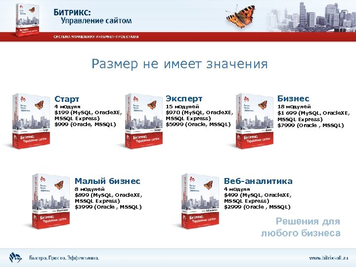 Размер не имеет значения Старт 4 модуля $199 (My. SQL, Oracle. XE, MSSQL Express)