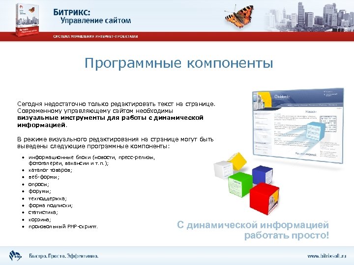 Программные компоненты Сегодня недостаточно только редактировать текст на странице. Современному управляющему сайтом необходимы визуальные