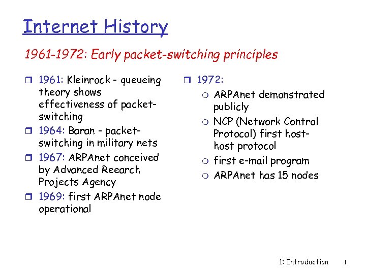 Internet History 1961 -1972: Early packet-switching principles r 1961: Kleinrock - queueing theory shows