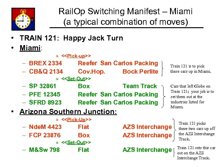 Rail. Op Switching Manifest – Miami (a typical combination of moves) • TRAIN 121: