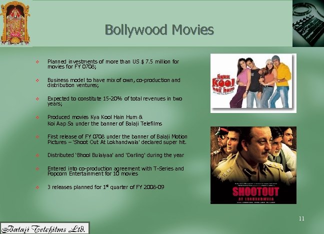 Bollywood Movies v Planned investments of more than US $ 7. 5 million for