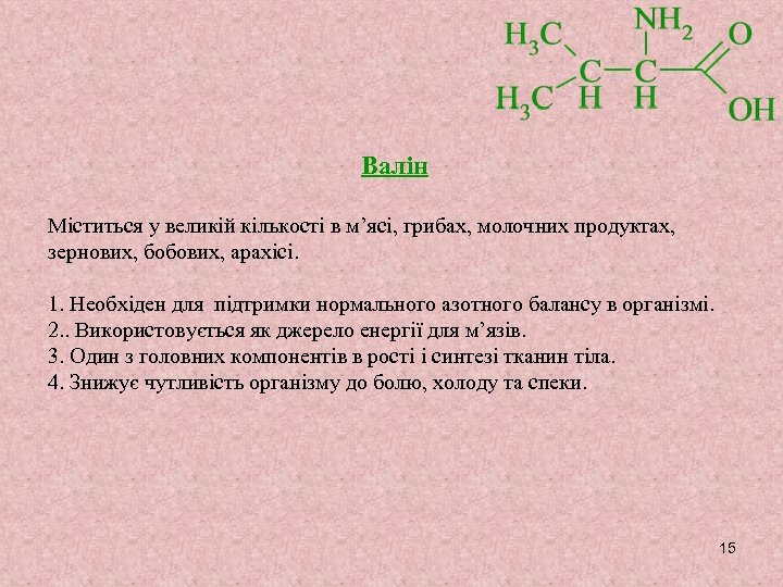 Валін Міститься у великій кількості в м’ясі, грибах, молочних продуктах, зернових, бобових, арахісі. 1.