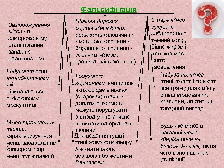 Фальсифікація Заморожування м'яса - в замороженому стані поганий запах не проявляється. Годування птиці антибіотиками,