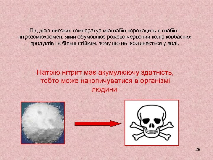 Під дією високих температур міоглобін переходить в глобін і нітрозоміохромен, який обумовлює рожево-червоний колір