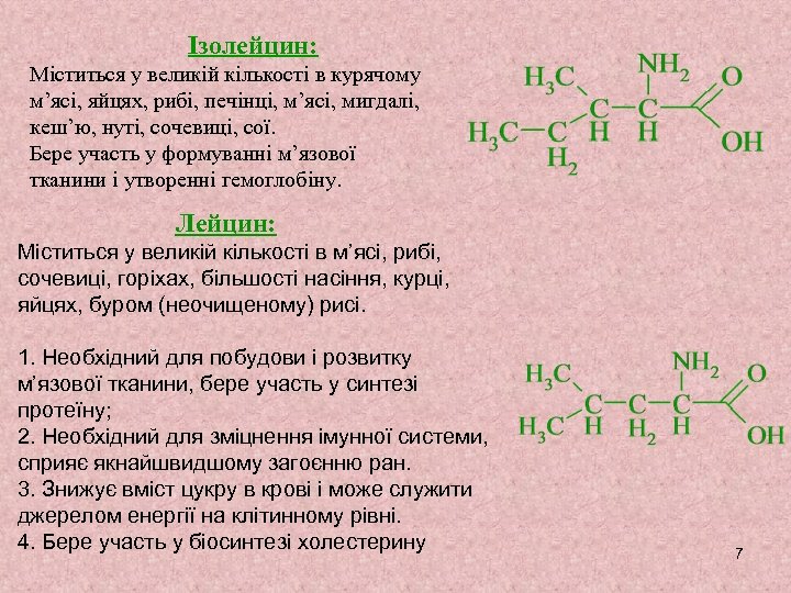 Ізолейцин: Міститься у великій кількості в курячому м’ясі, яйцях, рибі, печінці, м’ясі, мигдалі, кеш’ю,