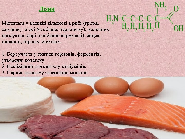 Лізин Міститься у великій кількості в рибі (тріска, сардини), м’ясі (особливо червоному), молочних продуктах,