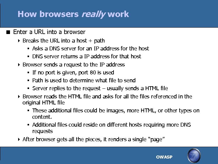 How browsers really work Enter a URL into a browser Breaks the URL into