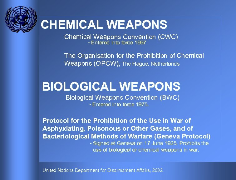 CHEMICAL WEAPONS Chemical Weapons Convention (CWC) - Entered into force 1997 The Organisation for
