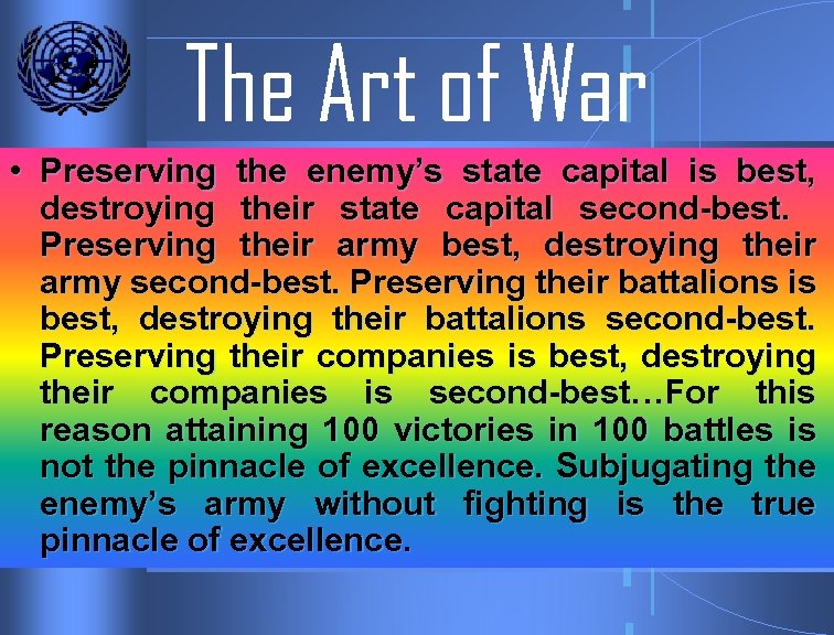 The Art of War • Preserving the enemy’s state capital is best, destroying their