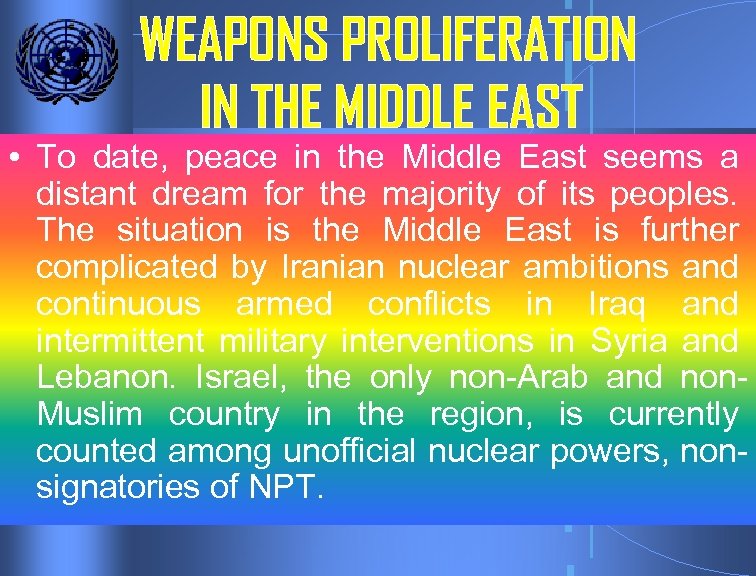 WEAPONS PROLIFERATION IN THE MIDDLE EAST • To date, peace in the Middle East