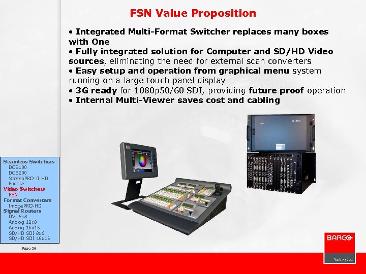 FSN Value Proposition • Integrated Multi-Format Switcher replaces many boxes with One • Fully