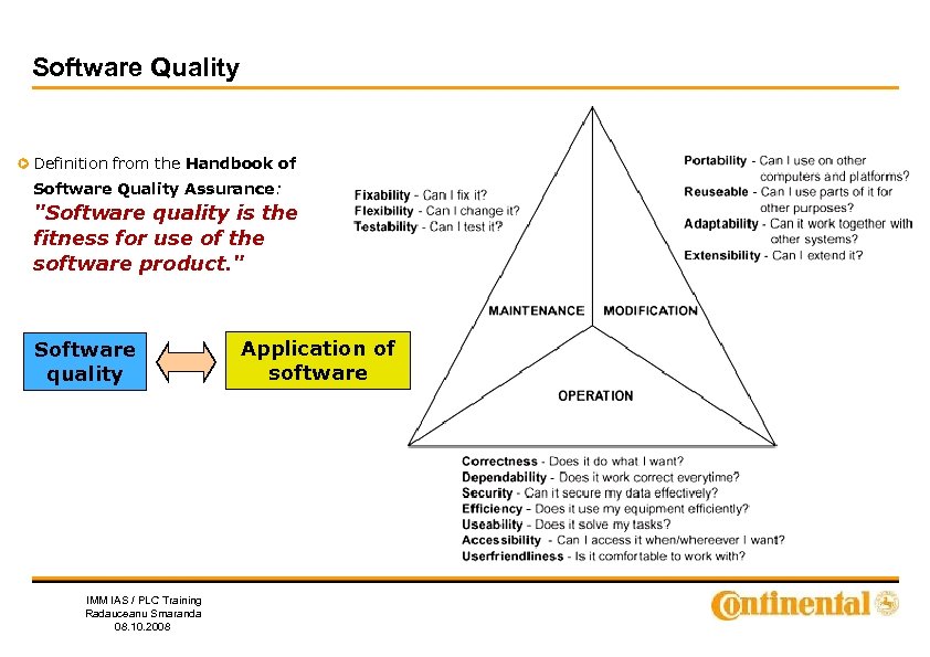 Software Quality Definition from the Handbook of Software Quality Assurance: "Software quality is the