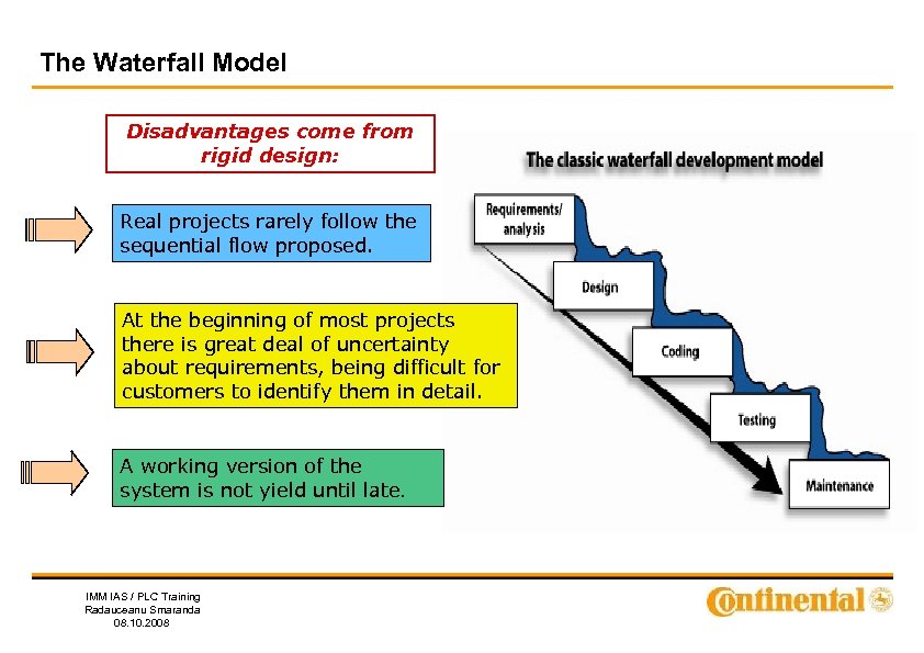 The Waterfall Model Disadvantages come from rigid design: Real projects rarely follow the sequential