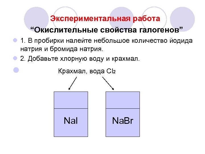Экспериментальная работа “Окислительные свойства галогенов” l 1. В пробирки налейте небольшое количество йодида натрия