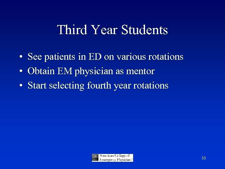 Third Year Students • See patients in ED on various rotations • Obtain EM
