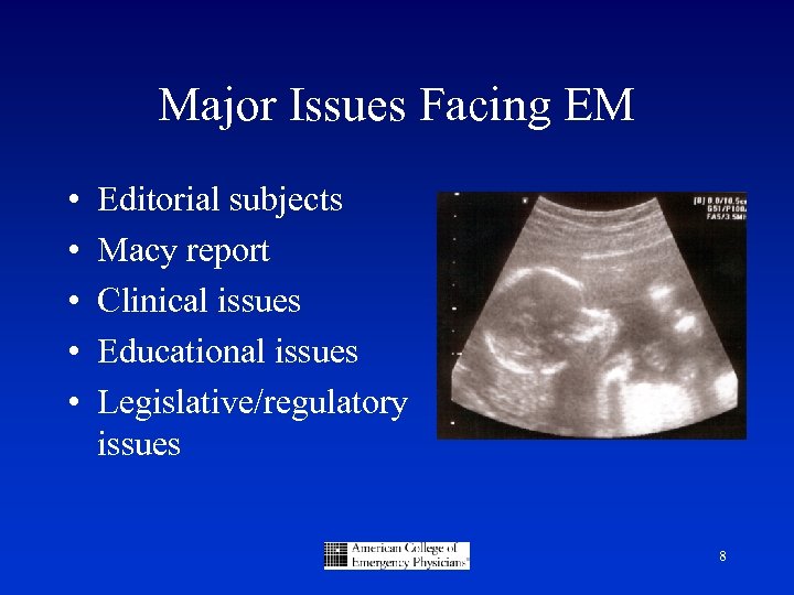 Major Issues Facing EM • • • Editorial subjects Macy report Clinical issues Educational