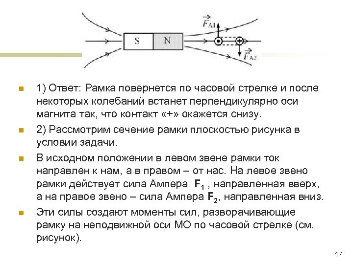 n n 1) Ответ: Рамка повернется по часовой стрелке и после некоторых колебаний встанет