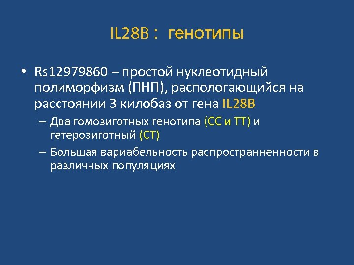 IL 28 B : генотипы • Rs 12979860 – простой нуклеотидный полиморфизм (ПНП), распологающийся