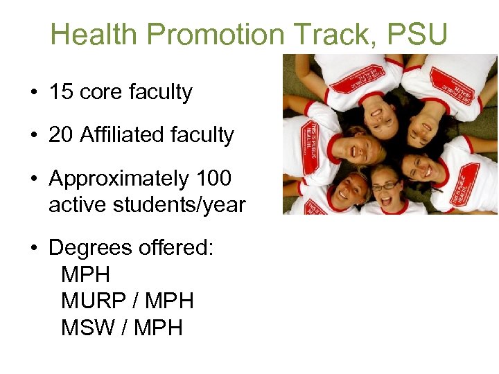 Health Promotion Track, PSU • 15 core faculty • 20 Affiliated faculty • Approximately