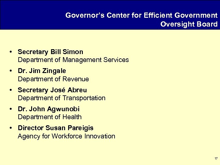 Governor’s Center for Efficient Government Oversight Board • Secretary Bill Simon Department of Management