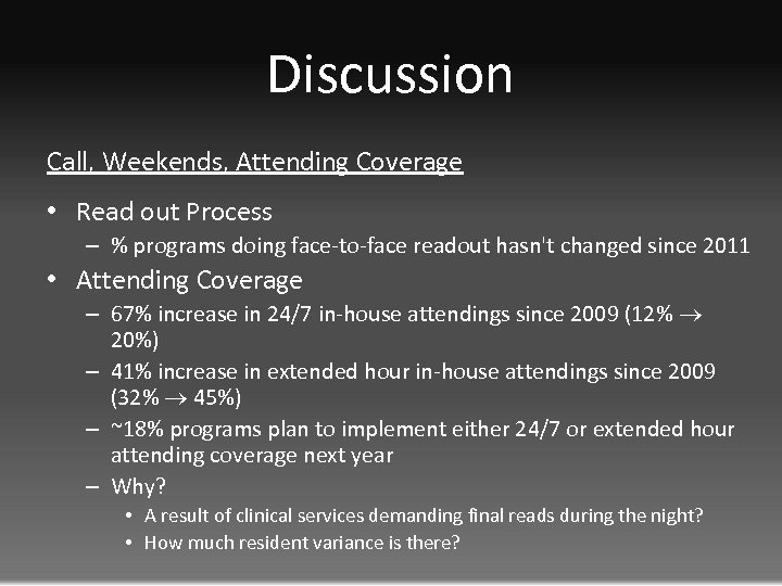Discussion Call, Weekends, Attending Coverage • Read out Process – % programs doing face-to-face
