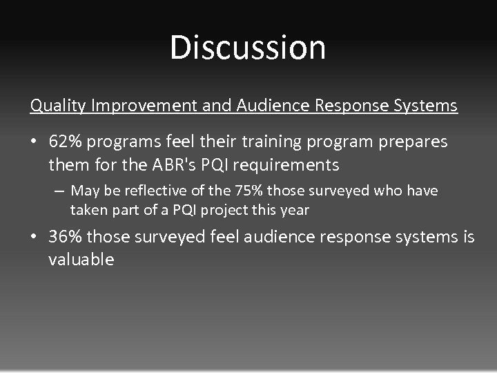 Discussion Quality Improvement and Audience Response Systems • 62% programs feel their training program