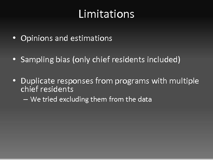 Limitations • Opinions and estimations • Sampling bias (only chief residents included) • Duplicate