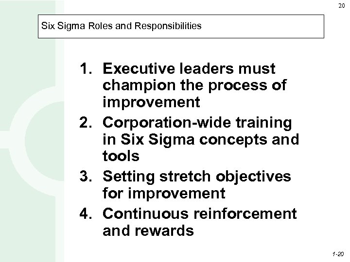 20 Six Sigma Roles and Responsibilities 1. Executive leaders must champion the process of