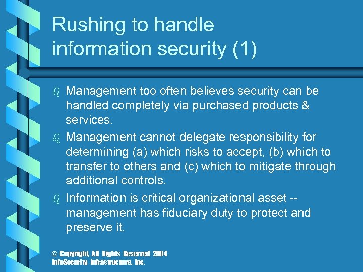 Rushing to handle information security (1) b b b Management too often believes security