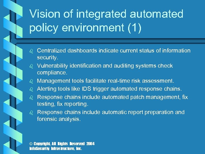 Vision of integrated automated policy environment (1) b b b Centralized dashboards indicate current