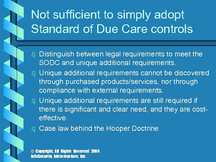Not sufficient to simply adopt Standard of Due Care controls b b Distinguish between