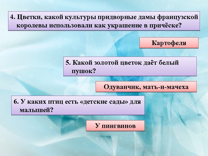 4. Цветки, какой культуры придворные дамы французской королевы использовали как украшение в причёске? Картофеля