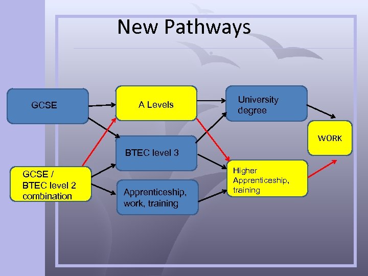 New Pathways GCSE A Levels University degree WORK BTEC level 3 GCSE / BTEC