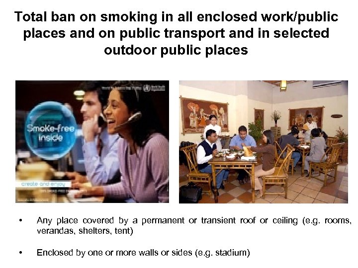 Total ban on smoking in all enclosed work/public places and on public transport and