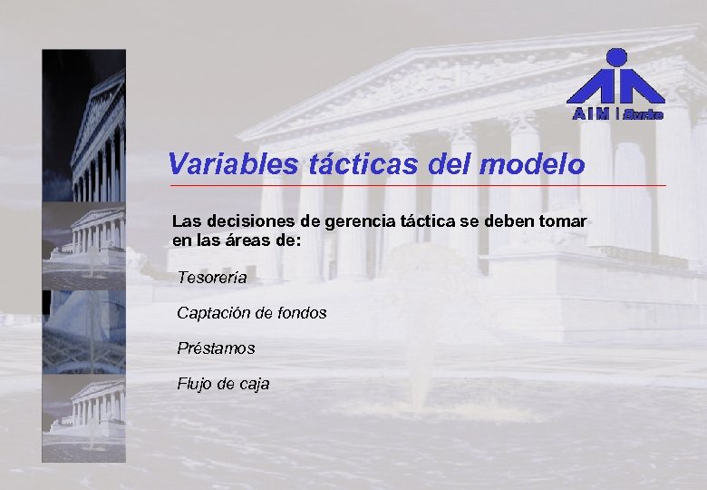 Variables tácticas del modelo Las decisiones de gerencia táctica se deben tomar en las