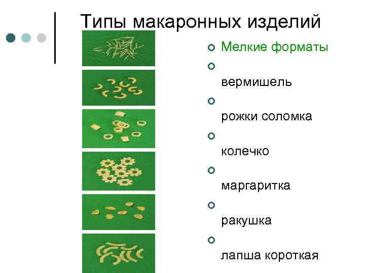 Типы макаронных изделий ¢ Мелкие форматы ¢ вермишель ¢ рожки соломка ¢ колечко ¢