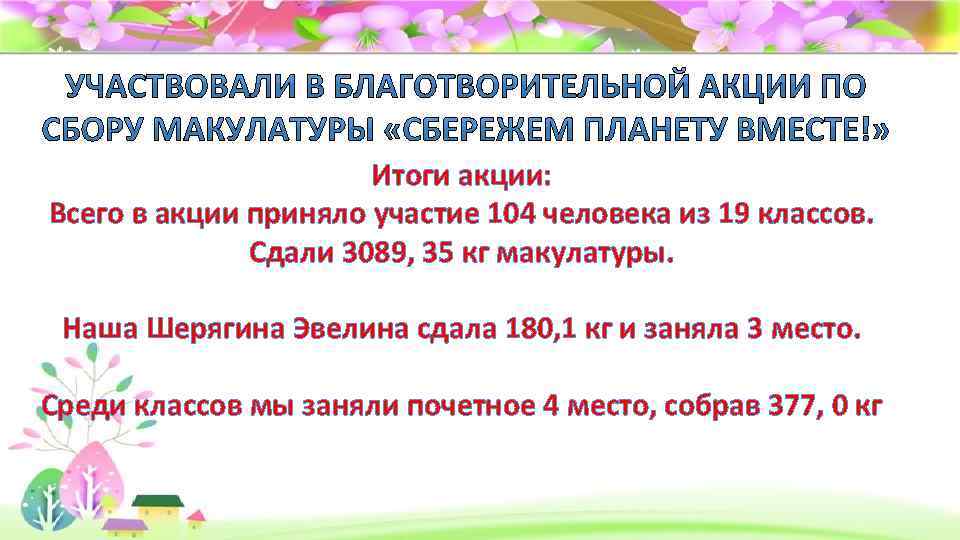 Итоги акции: Всего в акции приняло участие 104 человека из 19 классов. Сдали 3089,