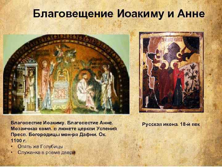 Благовещение Иоакиму и Анне Благовестие Иоакиму. Благовестие Анне. Мозаичная комп. в люнете церкви Успения