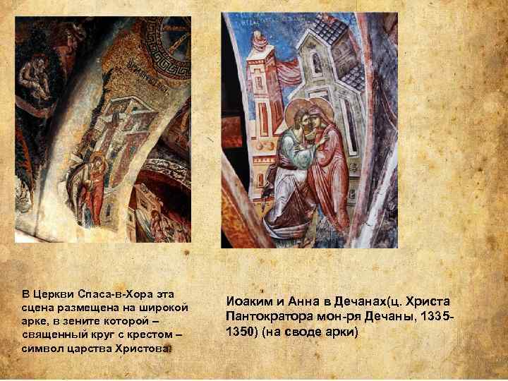 В Церкви Спаса-в-Хора эта сцена размещена на широкой арке, в зените которой – священный