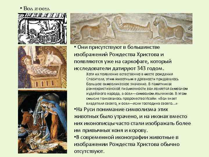  • Вол и осел • Они присутствуют в большинстве изображений Рождества Христова и