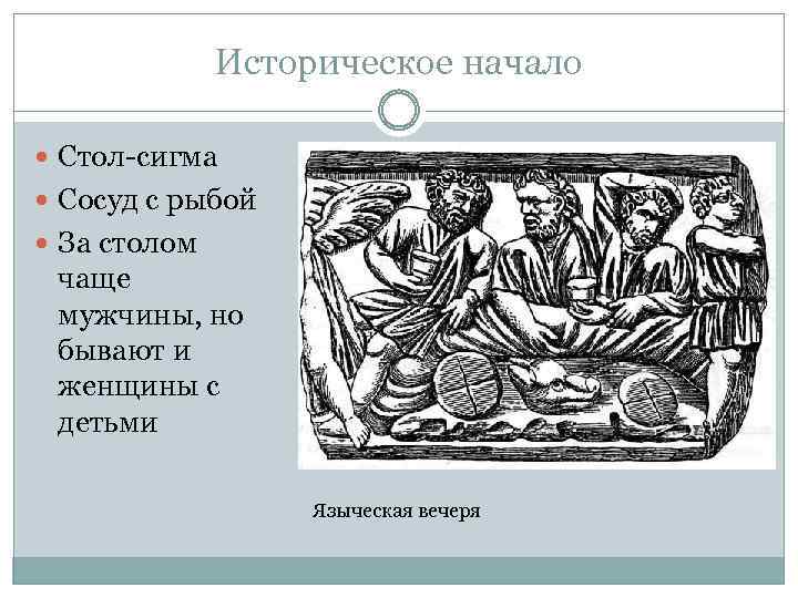 Историческое начало Стол-сигма Сосуд с рыбой За столом чаще мужчины, но бывают и женщины