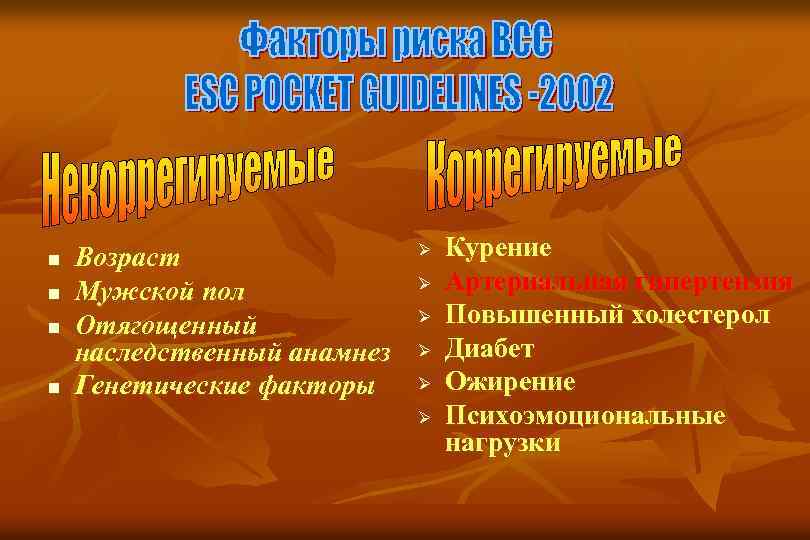 n n Возраст Мужской пол Отягощенный наследственный анамнез Генетические факторы Ø Ø Ø Курение