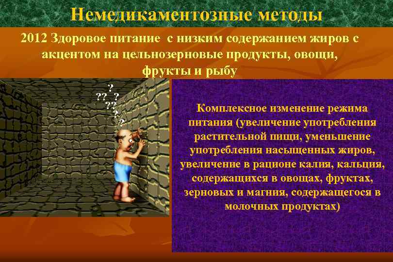Немедикаментозные методы 2012 Здоровое питание с низким содержанием жиров с акцентом на цельнозерновые продукты,