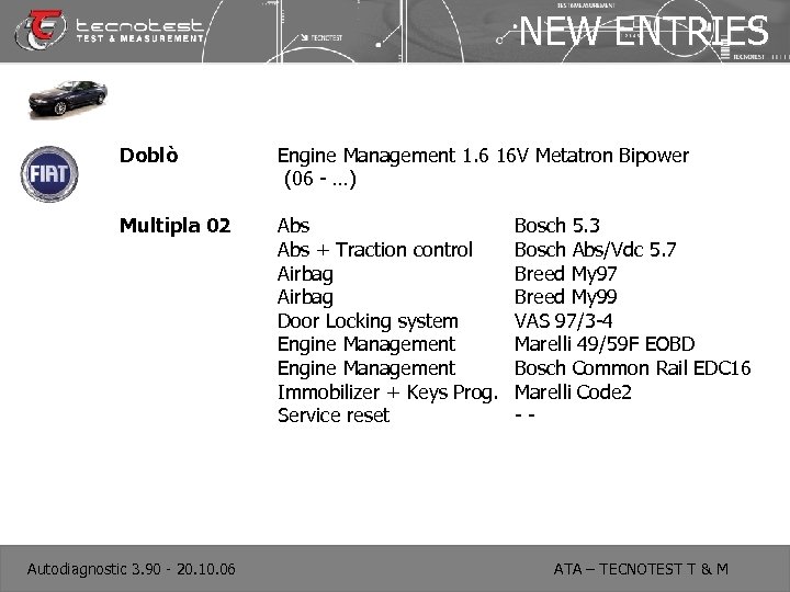 NEW ENTRIES Doblò Engine Management 1. 6 16 V Metatron Bipower (06 - …)