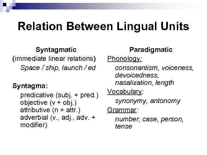 Relation Between Lingual Units Syntagmatic (immediate linear relations) Space / ship, launch / ed