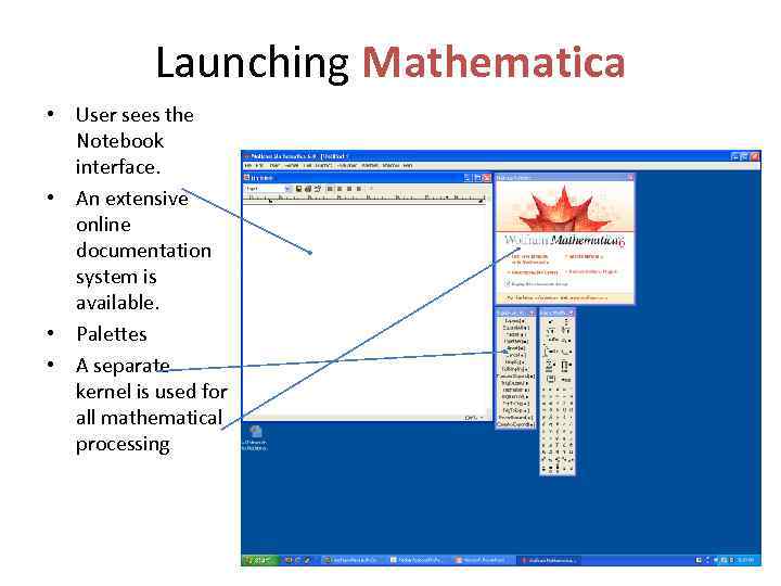 Launching Mathematica • User sees the Notebook interface. • An extensive online documentation system