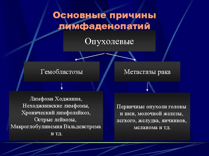 Основные причины лимфаденопатий Опухолевые Гемобластозы Лимфома Ходжкина, Неходжкинские лимфомы, Хронический лимфолейкоз, Острые лейкозы, Макроглобулинемия