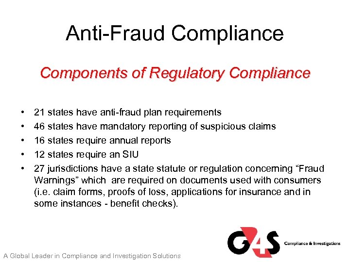 Anti-Fraud Compliance Components of Regulatory Compliance • • • 21 states have anti-fraud plan