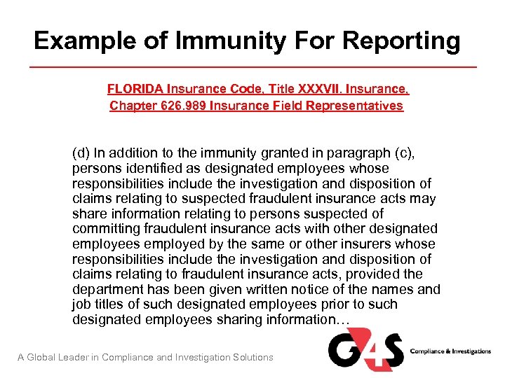 Example of Immunity For Reporting FLORIDA Insurance Code, Title XXXVII. Insurance, Chapter 626. 989
